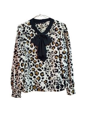 VINTAGE Elite leopard print long sleeves  blouse black bow collar size 10